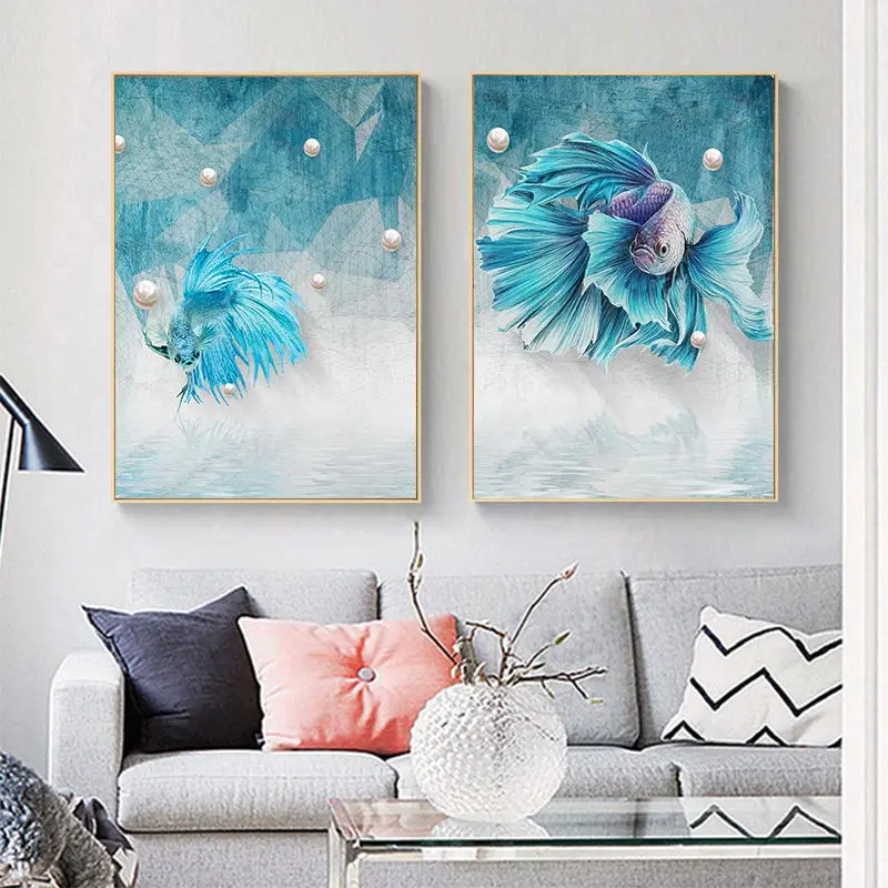 

Синий абстрактный художественный холст в стиле Гуппи с рыбками, роскошный стильный плакат, Простота печати, Современная Настенная картина, украшение для дома