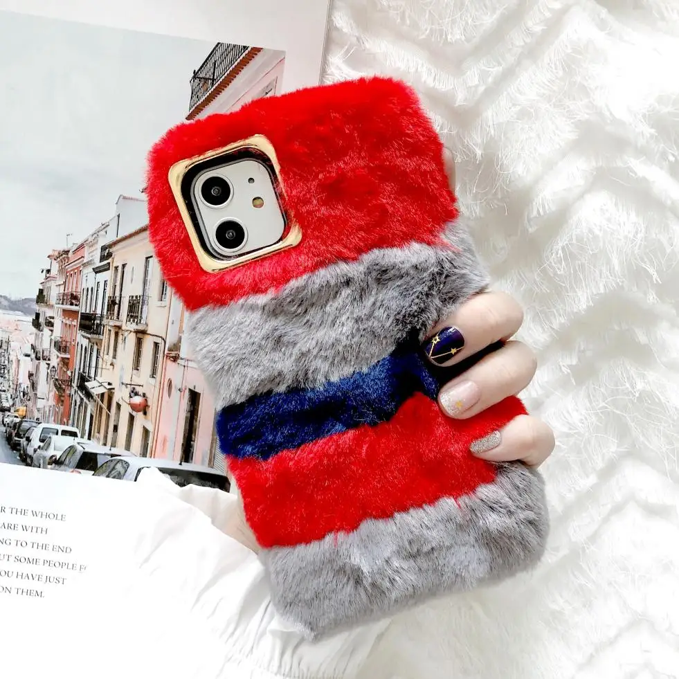 

For Apple iPhone 11 Pro XS Max XR X 8 7 6 6S Plus Luxury Solid Stitching Comfort Plush Phone Case Solid Back Cover Winter Autumn