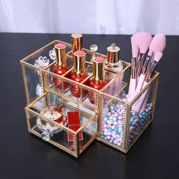 

Exquisite Metal Glass Storage Box Nail Skin Care Cosmetics Storage Desktop Decorative Brush Tool Storage Cosmetic Box