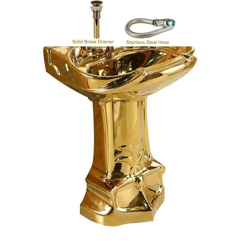 Мозаичный Золотой винтажный роскошный умывальник-стойка керамическая раковина для ванной комнаты с подставка Подиум умывальник с закрытым соединением люкс с переливом - Цвет: Package 3