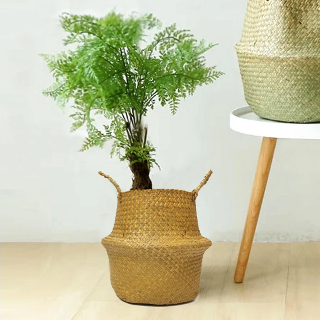 Household Storage Foldable Natural Woven Storage Basket Pot Garden Flower Vase Hanging Wicker Basket Bellied Baskets