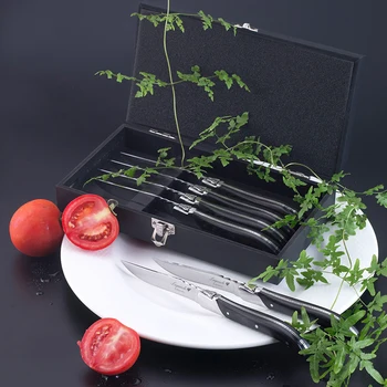 

New Arrival 8.7 inch Laguiole Style Knives- 6-Piece Black Wooden Handle Steak Knife Fork set Christmas knives /Fork gift Sets