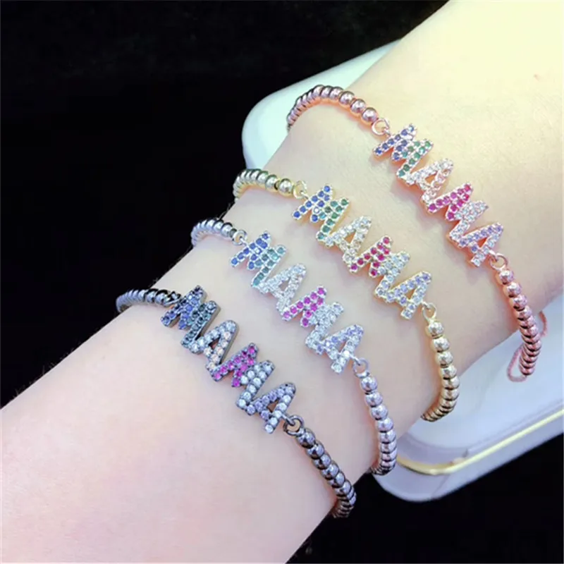 10 шт./лот латунный браслет Pave CZ письмо мама Регулируемый Браслет Модные женские ювелирные изделия