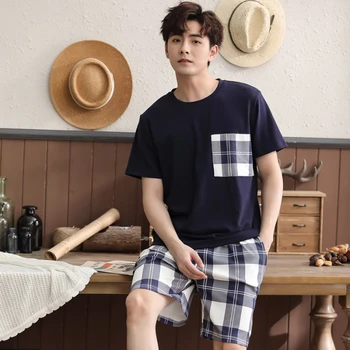 

Men's Pajama Sets 2020 New Arrival Fashion Pyjamas 100% Cotton Good Quality Home Wear Loose Comfort Night Sleepwear Summer Suits