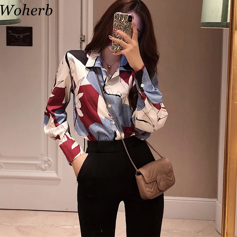 Woherb/осень 2019, винтажные Женские топы с цветочным принтом и блузки, Женская Корейская рабочая одежда, рубашка, элегантные топы Blusa Femme
