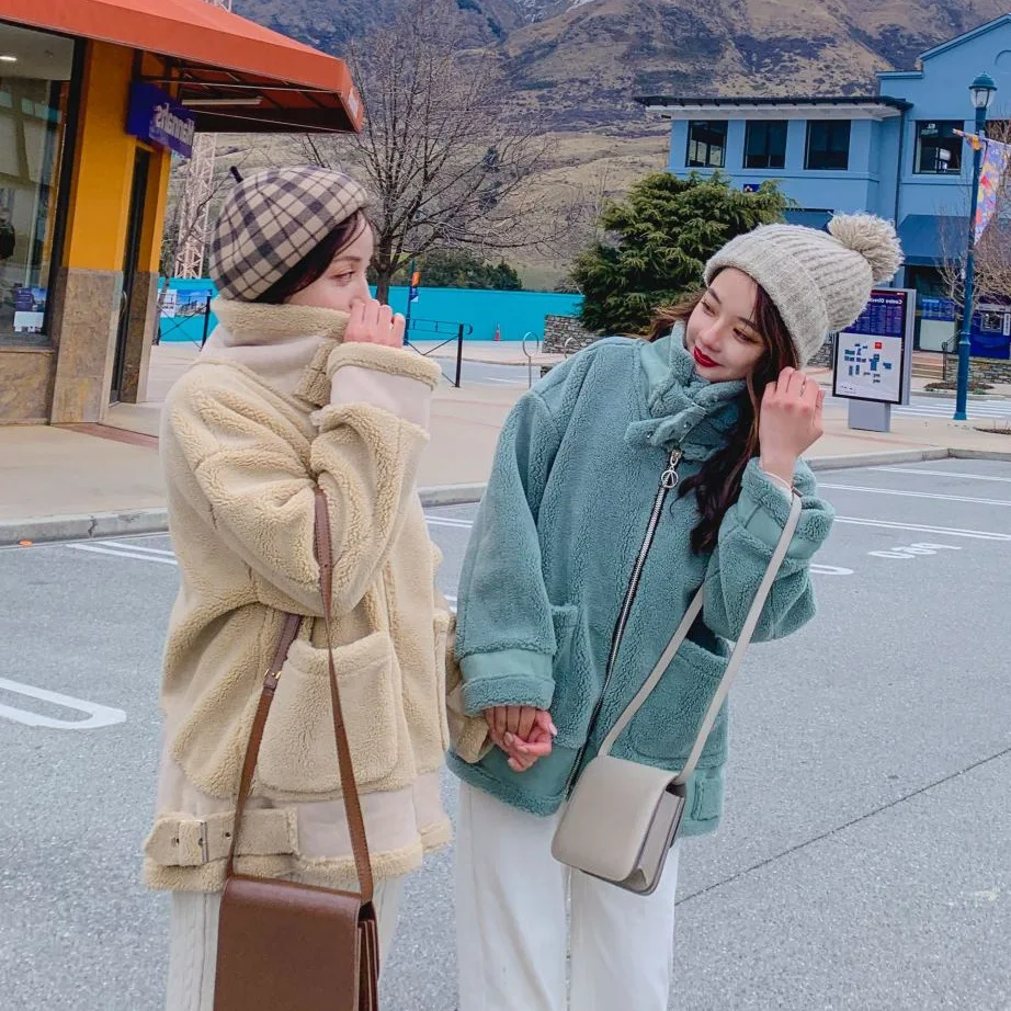 

Photo Shoot Main Push INS Sweet College Style Lamb Bean Green Handsome Stand Collar Fur Woolen Jacket Women's