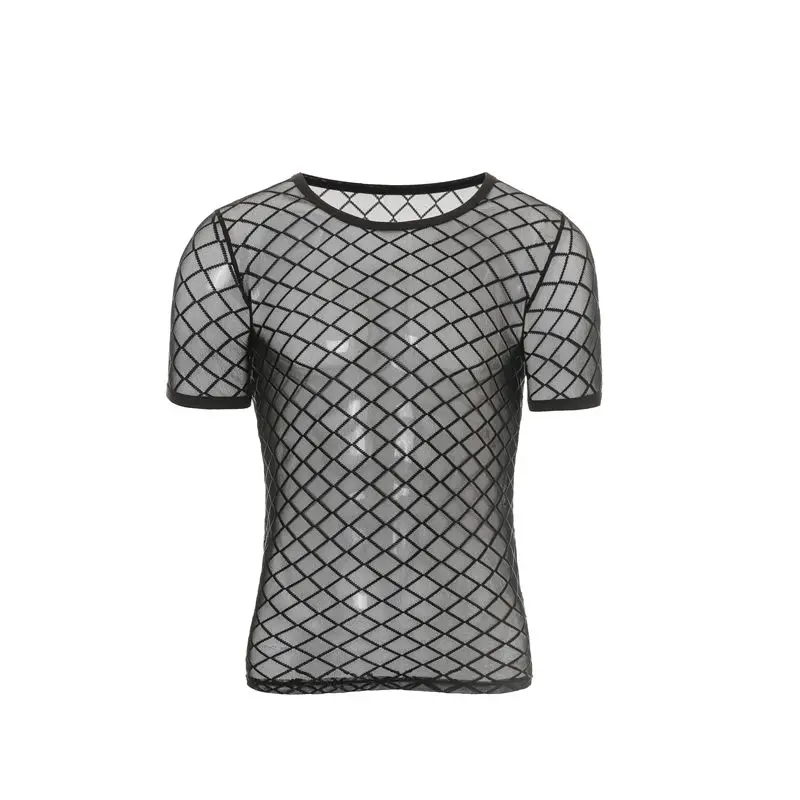Мужская майка, прозрачные сетчатые футболки, облегающие пижамы для геев, топы, футболки для ночного клуба, эротическое нижнее белье с бриллиантами