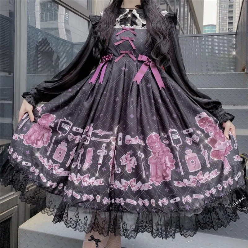 

Sleeveless Lolita Jsk Lovely Suspender Printed Dress Anime Lolita Cosplay Japanese Harujuku Party Tea Kawaii Girls Gothic Women