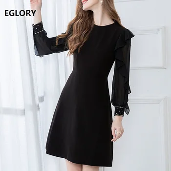 

2020 Spring Summer Fashion Black Dress Women O-Neck Crystal Beading Deco Ruffle Patchwork Long Sleeve A-Line Dress Slim Party