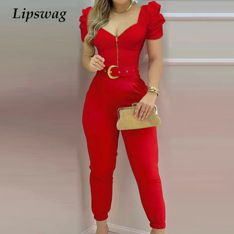 Spring Puff Shoulder Zip Women Jumpsuit 2021 Summer Deep V Neck Short Sleeve Shirt Overalls Elegant Office Lady One Piece Romper