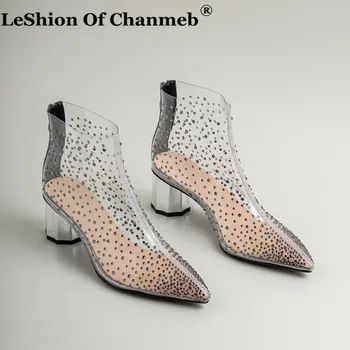 

Party Clear Boots Women Thick Heels Point Toe Sparking Crystal Shiny Shoes Brand Designer Boots Transparent Runway Shoes Ladies