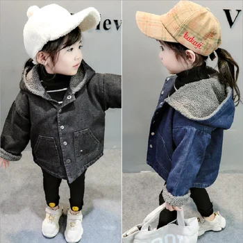 

Winter Baby Girl Denim Jacket Plus Velvet Hooded Warm Toddler Children Outwear Coat Kids Clothes Infant Denim Jacket For Girl