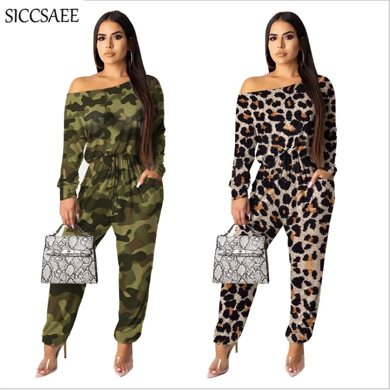 

2019 Autumn Winter New Arrivals Camouflage Leopard Printed Off Shoulder Jumpsuits And Rompers For Women Palazzo Pants Loose Pinup Overalls Sexy One Piece Mono Mujer Casual Macacao Feminino Curto