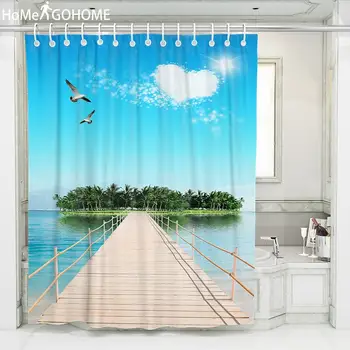

Beautiful Island Landscape Bathroom Shower Curtain 3D Love Heart Cloud Sea Blue Sky Print Boho Bath Curtain Waterproof Fabric