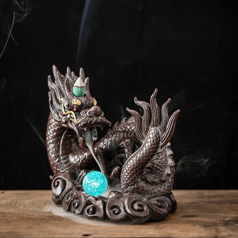 LED Dragon Backflow Incense Burner Resin Smoke Waterfall Incense Holder Censer with 20Pcs Incense Cones Home Decoration Craft