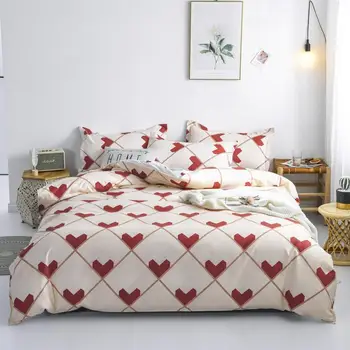 

Bed Linen 200x220 Queen Size Red Heart Printed Bedding Sets Striped Bed Cover King Size Duvet Cover Sets