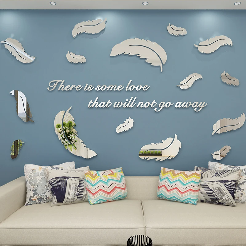 

Mirror feather acrylic 3D three-dimensional wall sticker living room dining room bedroom bedside creative home decoration sticke