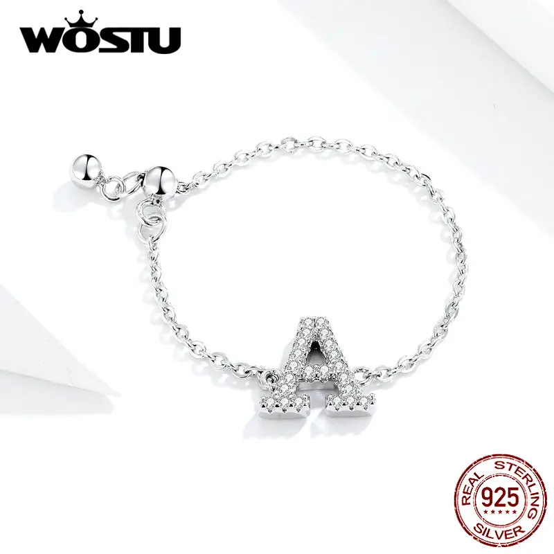 WOSTU буквы А м кольцо из натуральной 925 пробы серебряные кольца с буквами алфавита Циркон Регулируемый 8 см звено цепи палец для женщин FIR601