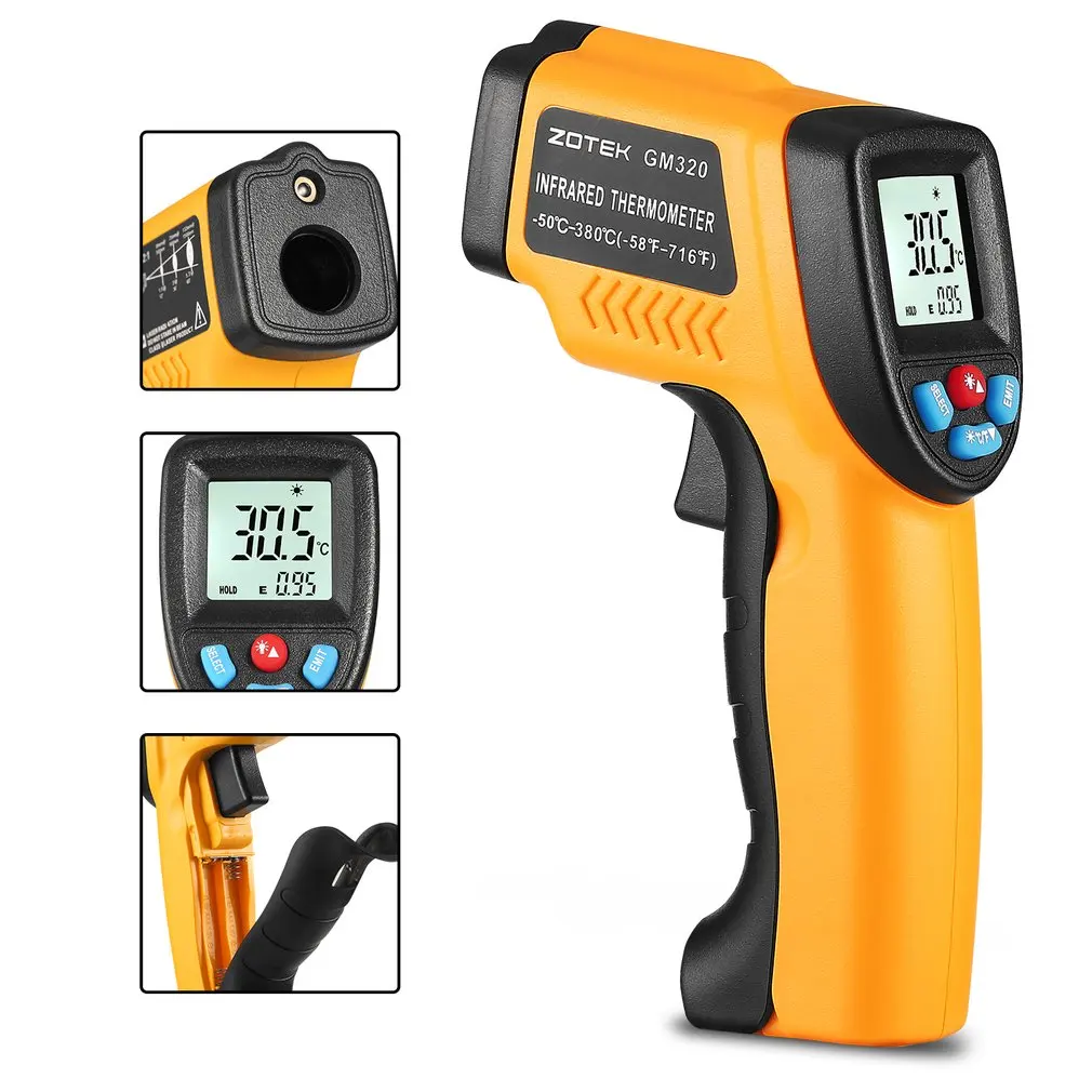 

G320 Compact Laser Digital Infrared Thermometer Adjustable Emissivity with LED Backlight Display Laser Target Pointer