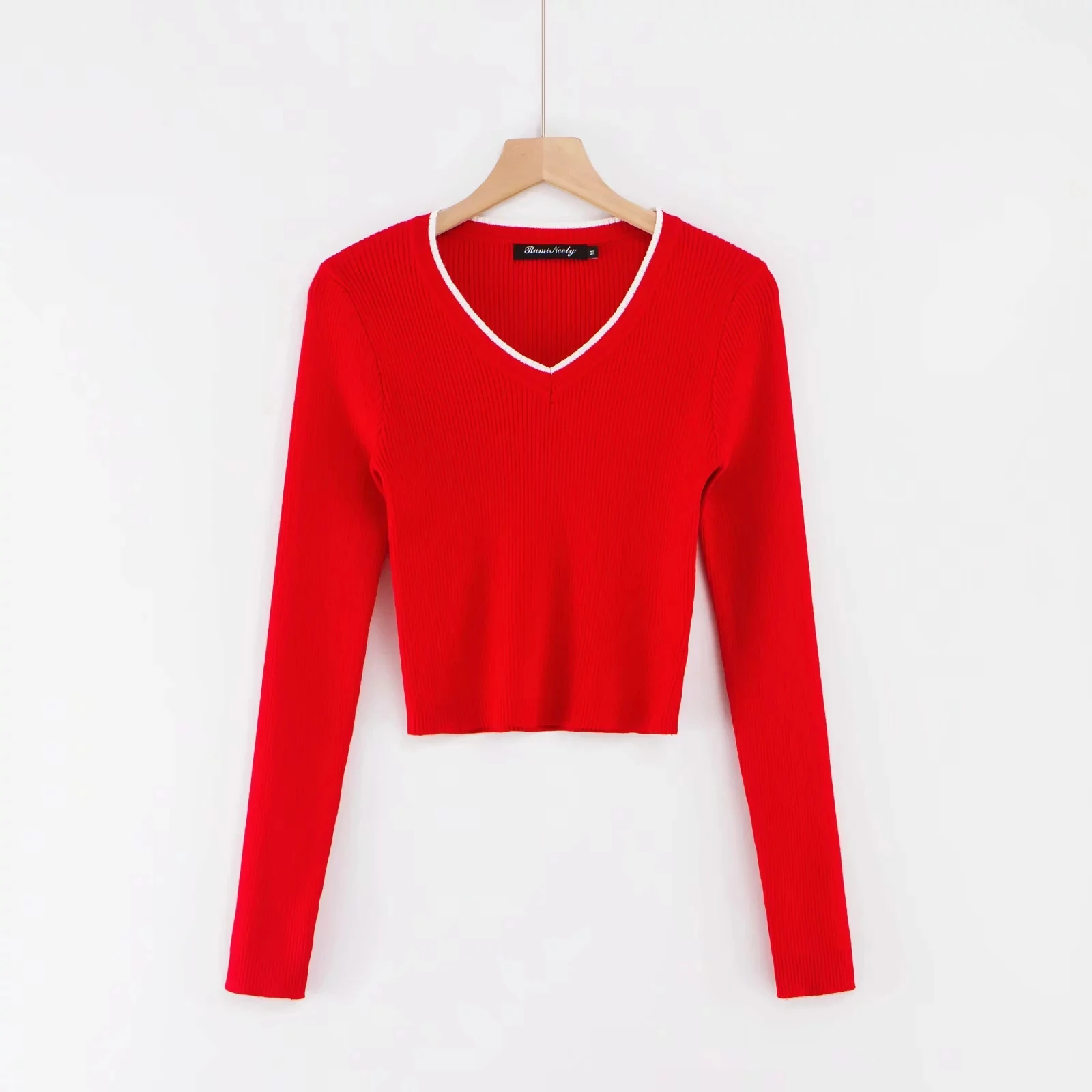 Женское трикотажное эластичное платье-свитер с v-образным вырезом, блузка с длинным рукавом, пуловер, блузки для женщин, весенние модные свитера для женщин - Цвет: red