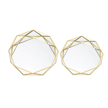 

2pcs Ins Nordic Golden Western Cake Dessert Plates Geometric Round Glass Plate Cosmetic Jewelry Storage Tray Decoration Supplies
