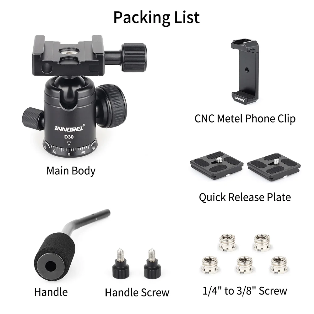 Tripod Ball Head Cold Shoe Ball Head Camera Panoramic Head D30 Ball Head Handle CNC Panoramic Tripod Head Q.R. Plate Camera Mount For DSLR Cellphone Mobile Phone Camcorder Telescope