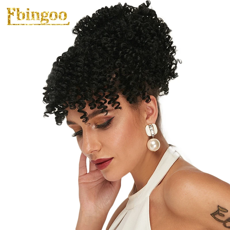 Ebingoo Kinky Curly updos Afro Ponytail Extension Hair piece Bangs Black Heat Resistant Futura Fiber Synthetic Wig