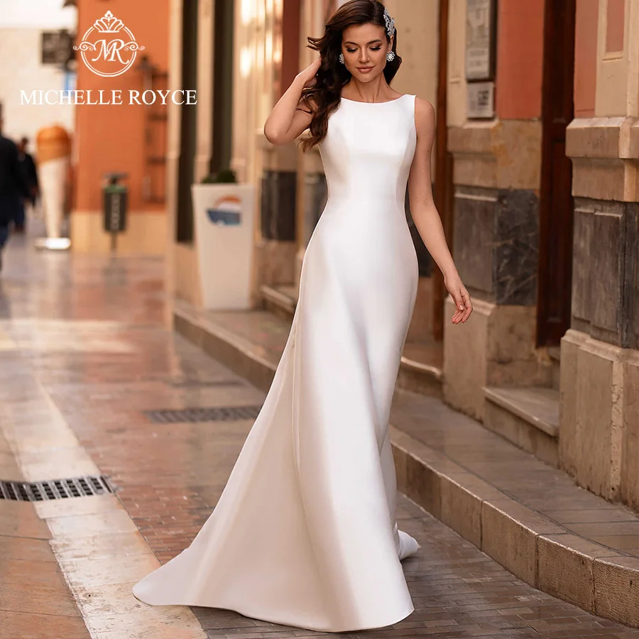 

Michelle Royce A-Ling Wedding Dresses 2024 Scoop Sleeveless Backless Beading Button Chapel Train Bridal Gowns Vestido De Noiva