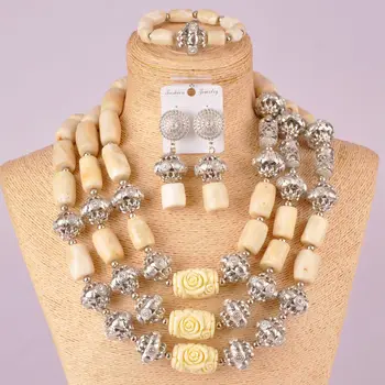 

nigerian wedding coral beads white and silver african jewelry set 21-3