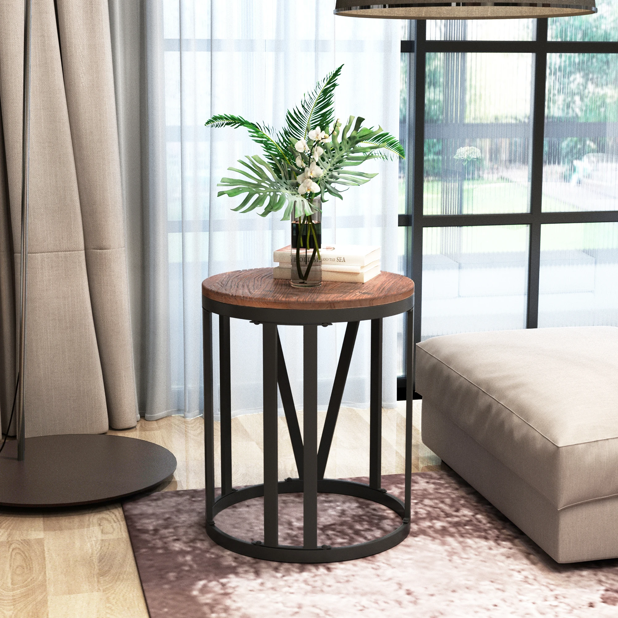 

Round Coffee Table Rustic Style Living Room Table Home Table with Storage Shelf Metal Frame