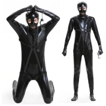 

Erotic Unitard Halloween Masked Prisoner Costumes New Listing Fetish Latex Leotard Mens Sexy Faux Leather Lingerie Bodysuits