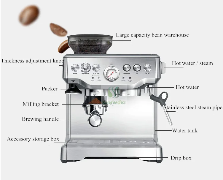 Espresso Coffee Maker Grind Beans Semiautomatic 15bar Grinder