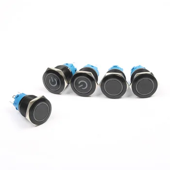 

new 19mm blue base 5 pin Alumina black push button with ring light/power mark ring momentary Latching waterproof press button