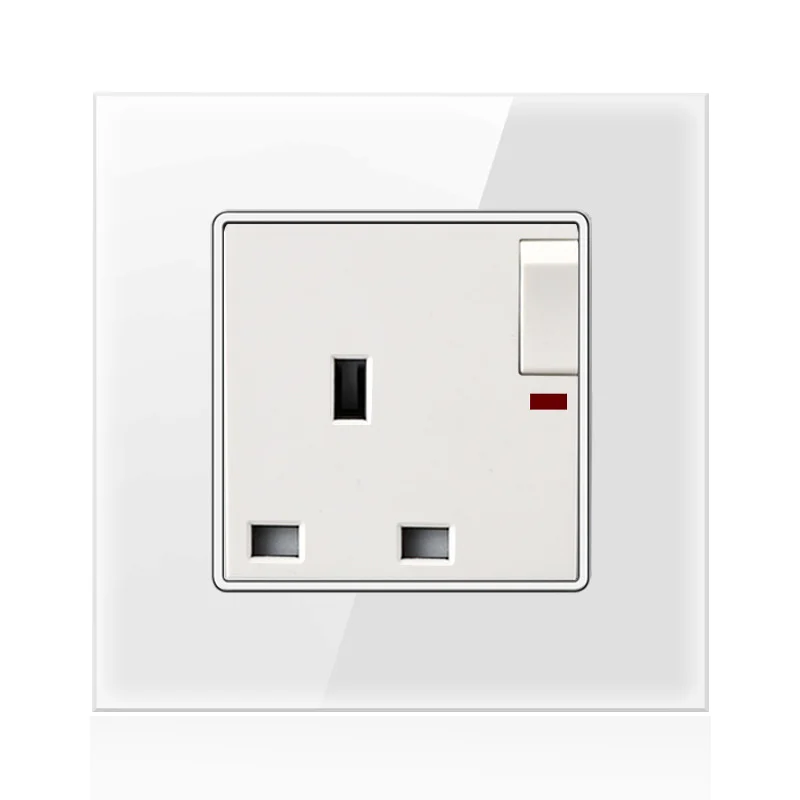 Crystal Glass Panel 13A UK Standard Switched Socket with Neon Wall Outlet Grounded With Children Protective Door