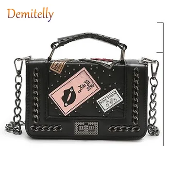 

New Personality Small Fragrance Style Women's Clutch Bag Badge Leather Handbag Shoulder Diagonal Bag Chain Small Square Bag