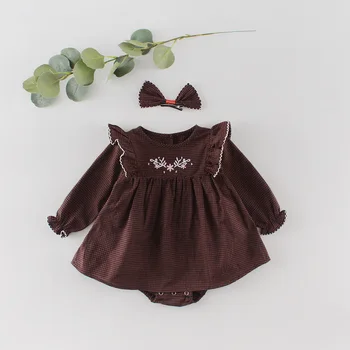 

baby girls rompers toddler clothes Dark tartan pattern flower embroidered long sleeve rompers girls jumpsuit