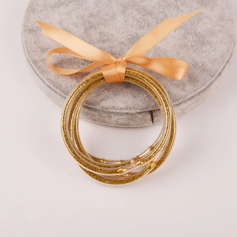 

Rainbery 5 PCS/Set Bowknot Gold Silver Glitter Bangles Set 2019 All Weather Stack Silicone Plastic Glitter Jelly Bangles