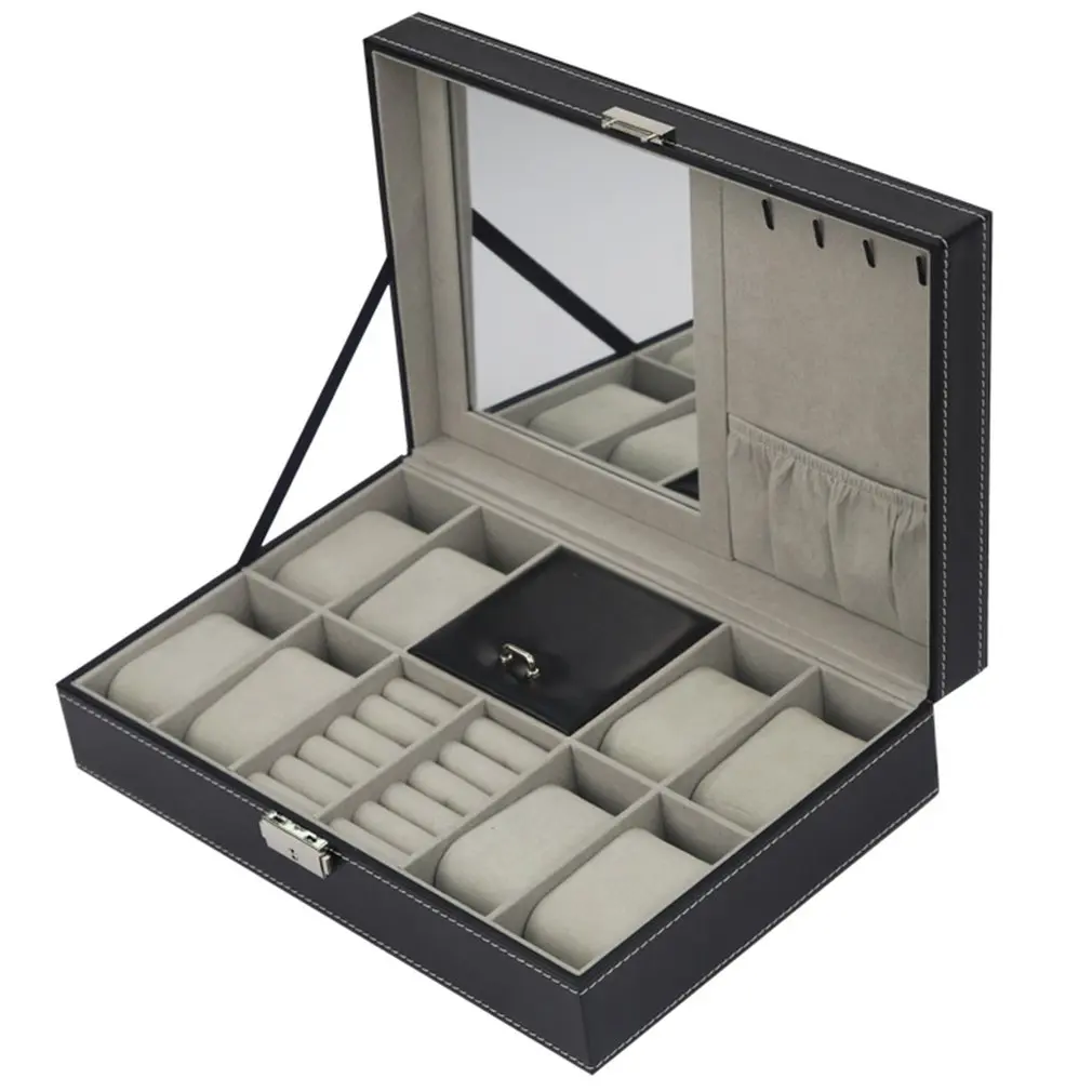 

2/6/10/12 OUTAD 10/12 Slots Grid PU Leather Watch Display Box Jewelry Storage Organizer Case locked Watch Display Box