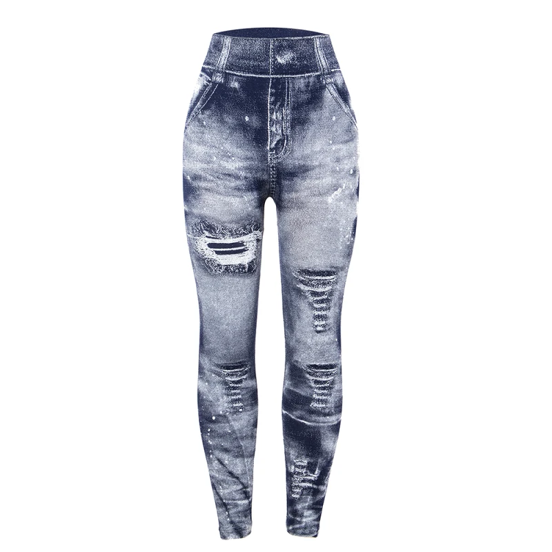 Women Imitation Jeans Leggings Slim Elastic Pencil Pants Casual Tights 2019 New Items for Autumn Fashion Hole Vintage Denim Pant