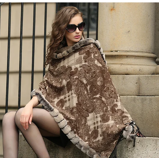 Style 1 Женские зимние шали и обертывания натуральный шелк+ Настоящий мех кролика отделка накидка/пончо мягкие 10 цветов - Цвет: Style 1
