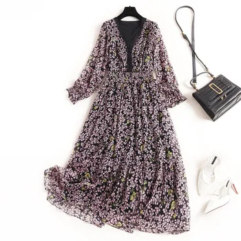 

Women spring summer dress 2020 pink cherry floral print chiffon long sleeve elastic waist lace trim V-neck midi dresses black