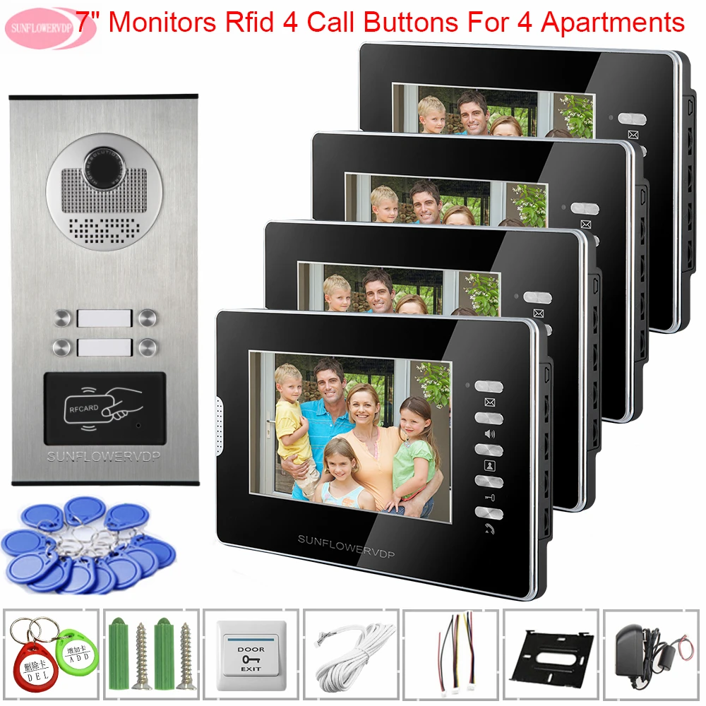 Video Intercoms For a Private House Access Control 7inch White / Black 4 Monitors Video Door Phone Intercom System Home Securit