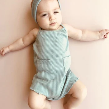 

Summer Newborn Baby Girl Boy Infant Romper Hanger Bodysuit Sling Solid Color Jumpsuits