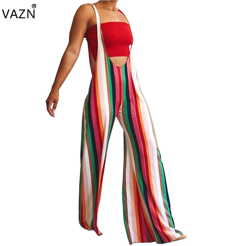 VAZN fn8289 Новинка Yong Lady Of Note Сексуальная Мода Мульти полосатый Спагетти ремень шифон для женщин свободные широкие ноги шифоновый комбинезон