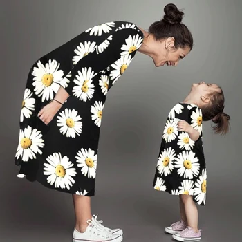 

Mother & Child Dress Autumn Long Sleeve Chrysanthemum Printed Dress Matching Family New