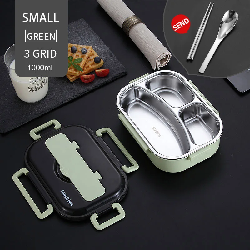 1000ml 3 Grid Green WORTHBUY японский детский Ланч-бокс из нержавеющей стали 304, Ланч-бокс с отсеком, посуда, контейнер для микроволновой печи - Цвет: 1000ml 3 Grid Green