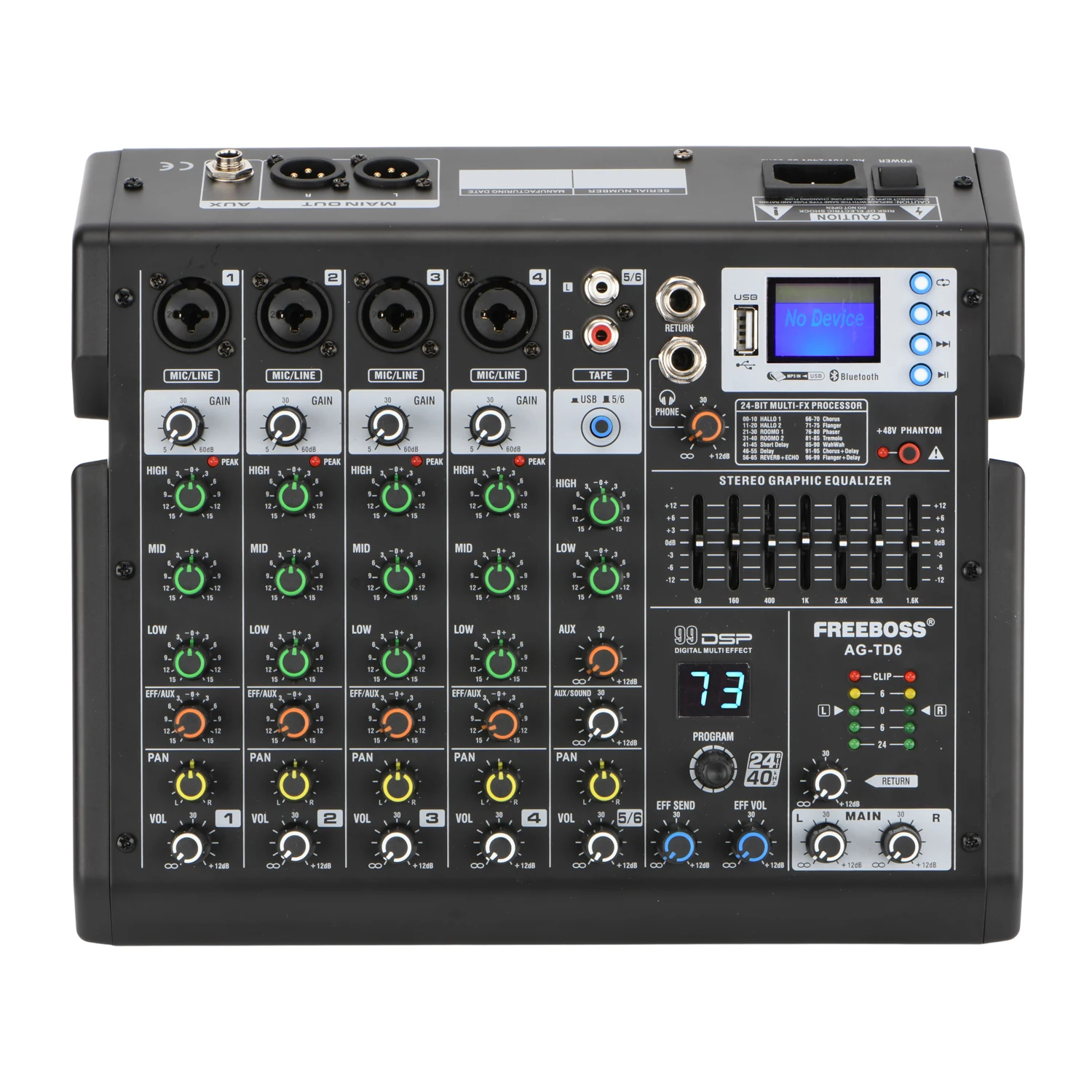 FREEBOSS 6 Channel Mixer Audio 7 Band EQ 99 Effect Remote Control Bluetooth USB Play Record Studio Karaoke Mixing Console AG-TD6 audio mixer