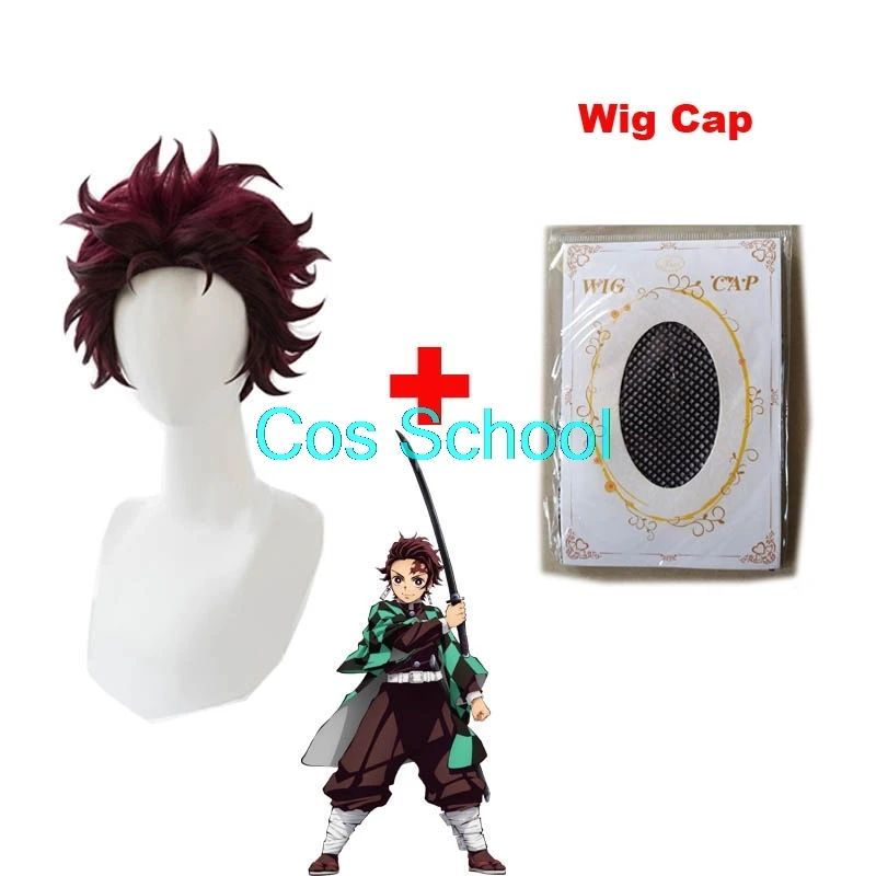 Cos School Demon Slayer Kimetsu no Yaiba Nezuko Tanjirou Kamado, парики Zenitsu Agatsuma для косплея, аниме, парик+ шапки - Цвет: Tanjirou