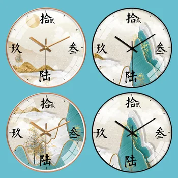 

Chinese Style Living Room Creative Glass Roung Shped Wall Clock Landscape Art Decorations for Home Modern Silent Hanging Watch