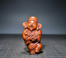 

3" Chinese Folk Collection Seikos Small Leaf Boxwood God of Wealth Statue a lot of money Gather fortune office ornament